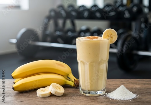 Banana smoothie with protein powder and bananas in a gym