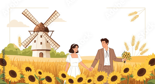 Romantic outing of a couple in a vast sunflower field, with a charming windmill backdrop for a