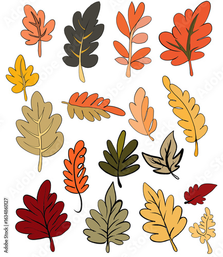 Botanical line art leaves collection,isolated on white background,Abstract floral drawings,simple nature graphic illustrations,Minimalist plant icons, green and autumn colors, natural style.