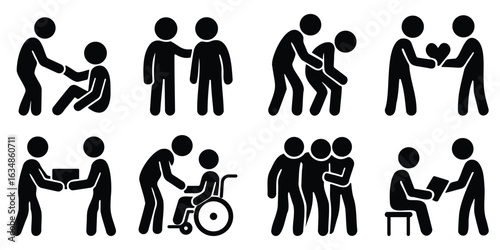 Collection of stickman caregiver silhouettes showing medical assistance, elderly care, helping disabled people, and supportive human interaction