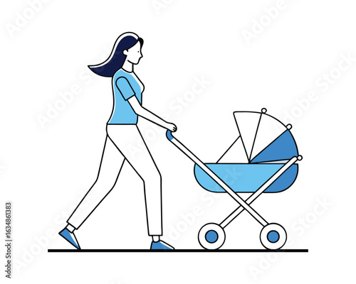 Woman walking with a baby in a stroller