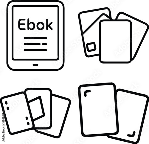 A simple line drawing featuring an ebook reader and several decks of playing cards, suggesting reading and games.