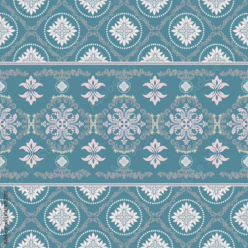 Stylish striped damask pattern in teal blue with white and pink floral elements. Soft contrast and layered detailing make this seamless design perfect for fabric, stationery, and elegant home goods.