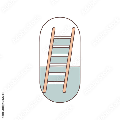Illustration of a ladder partially submerged in liquid inside an oval container representing a conceptual idea or metaphor for progress or growth