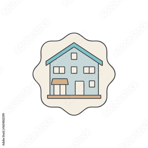Illustration of a Light Blue House with Two Floors and Windows Surrounded by a Decorative Edge