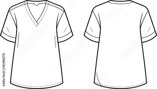 Tunic shirt technical drawing, front and back view, V-neckline, short sleeves, curved hemline, stitching details, fashion sketch, garment template, sewing layout, apparel design.