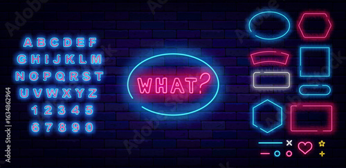 What neon label. Chat question. Surprise and bingo. Glowing greeting card. Shiny blue alphabet. Vector illustration