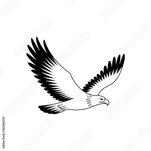 Black and white graphic illustration of a soaring eagle with outstretched wings bird flying
