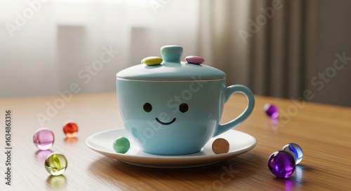 Cup of Happiness: A cute, cartoon-style teacup sitting on a saucer, adorned with a cheerful face, surrounded by colorful candies, and sitting on a wooden table.