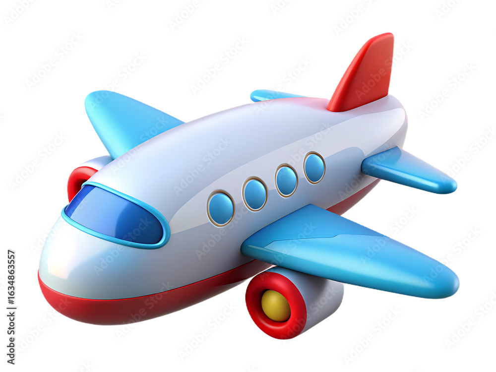 Fototapeta premium Cartoon airplane white blue red isolated on a transparent background image