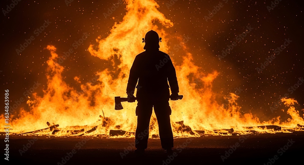 Fototapeta premium Silhouette of firefighter with axe in front of burning fire.