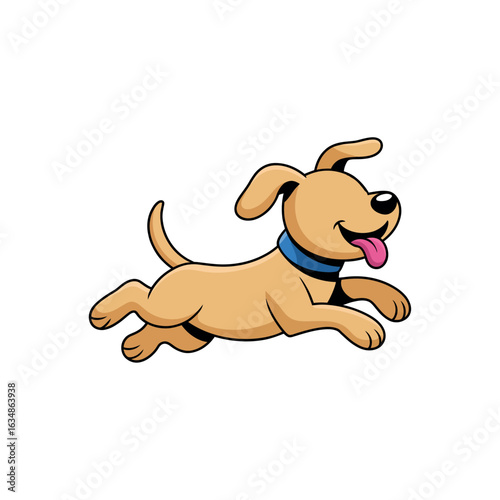 Cartoon brown dog with blue collar running happily with tongue out puppy jumping