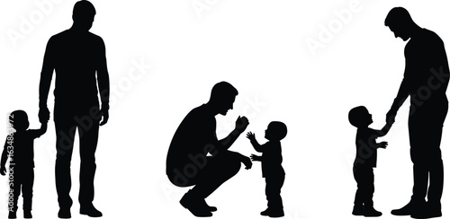 Father and child silhouette, parenting moment, family bond, dad holding hand, toddler interaction, black and white vector illustration