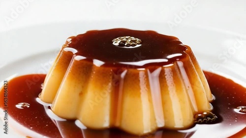 Classic Crème Caramel Dessert with Golden Caramel Sauce Drizzled on a White Plate, Close-Up of Sweet Custard Pudding