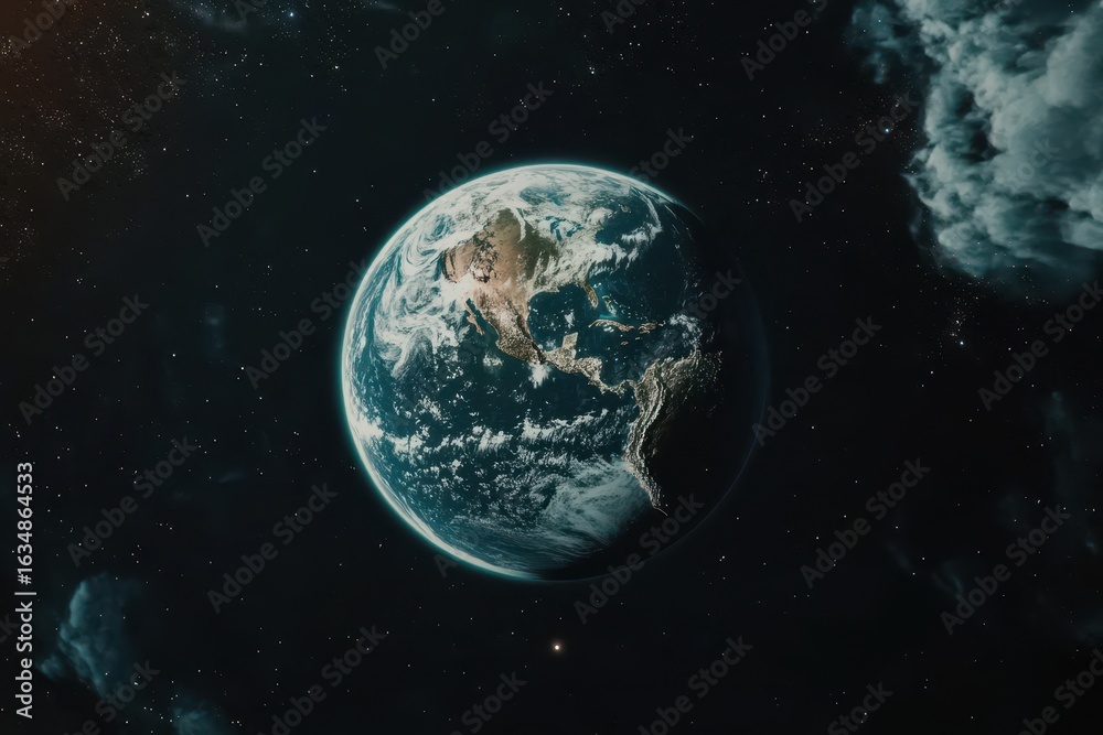 Obraz premium Earth in orbit with a close-up view of the letters formed by clouds in the atmosphere, Planet Earth in orbit in space with a zoom on the Europe continent under the clouds
