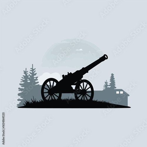 Silhouette of an antique cannon positioned in a historical landscape illustration stock photos royalty free image premium quality