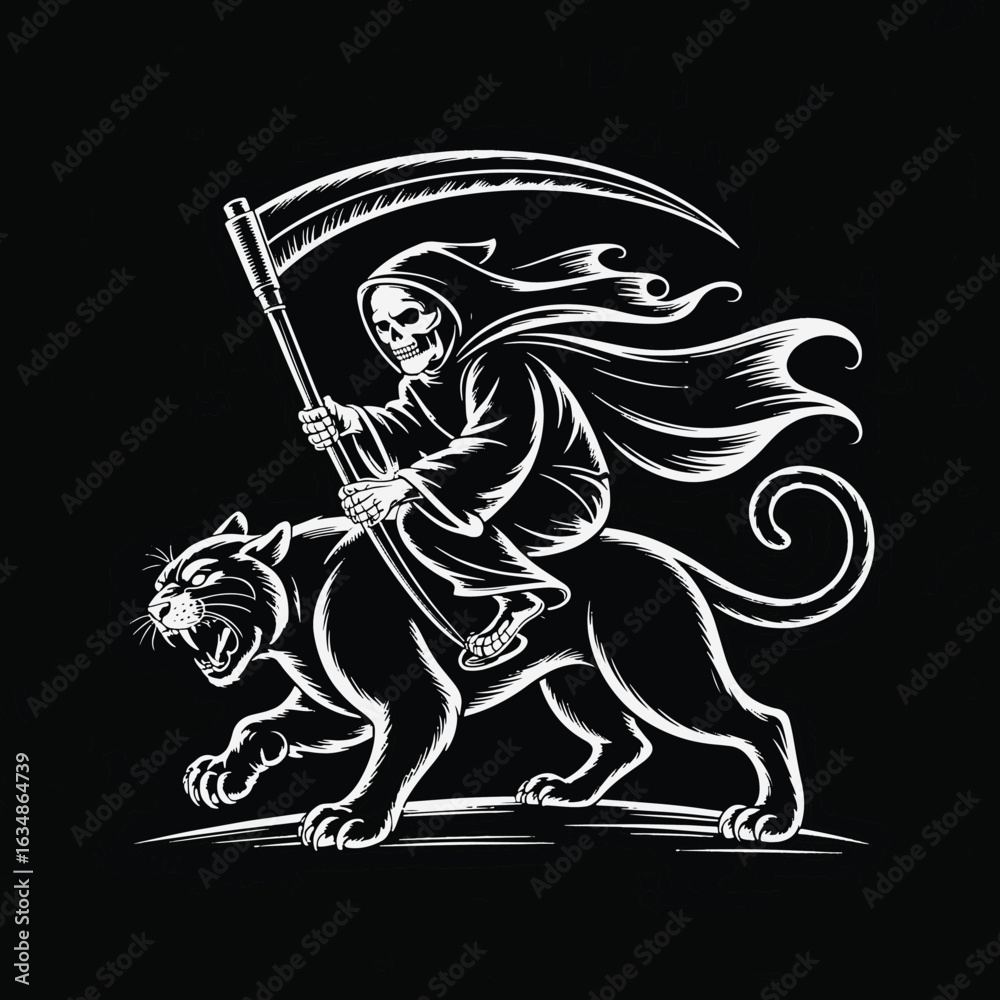 Fototapeta premium Grim reaper riding a panther with scythe silhouette line art illustration stock photos royalty free image premium quality