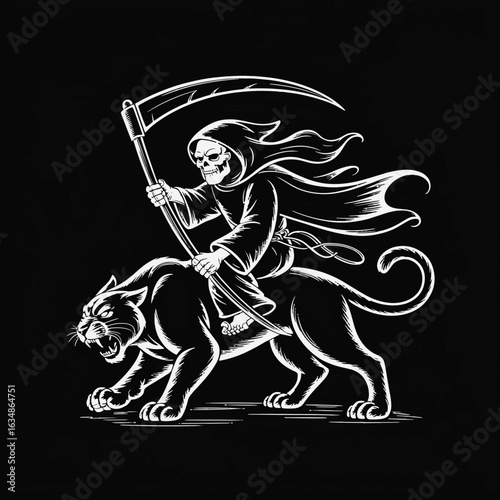Grim reaper riding a black panther isolated silhouette line art illustration stock photos royalty free image premium quality