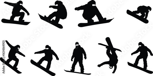 Vector illustration of snowboarder silhouettes in different poses and actions, perfect for winter sports and extreme recreation themes.