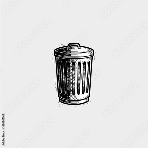 Trash bin monochrome black and white sketch icon logo flat vector design