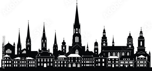 European city skyline silhouette, gothic church spires, historic architecture, medieval buildings, urban skyline vector, black and white design, clipart