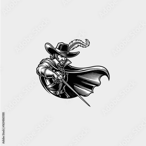 Musketeer with a sword monochrome icon logo flat vector design