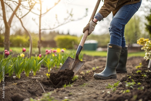 man in rubber boots digging the ground in the garden with a shovel, gardening and soil preparation.