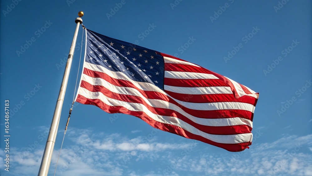 Obraz premium American flag waving on pole against clear blue sky, symbol of freedom and patriotism