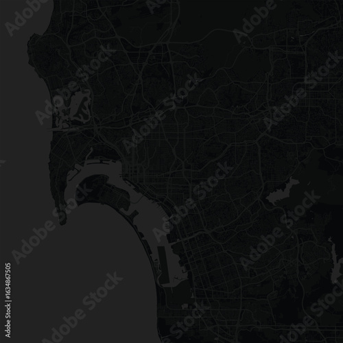 San Diego City Map Art Print Elegant Monochrome Cartography Featuring Sleek Linework and Urban Grids in Modern Black and Gray Blueprint Style                                       