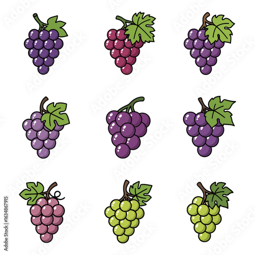 A vibrant assortment of grape bunch illustrations. A collection of purple, red, and green fruit icons set against a white background.