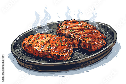 sizzling steak cooking on a hot grill isolated