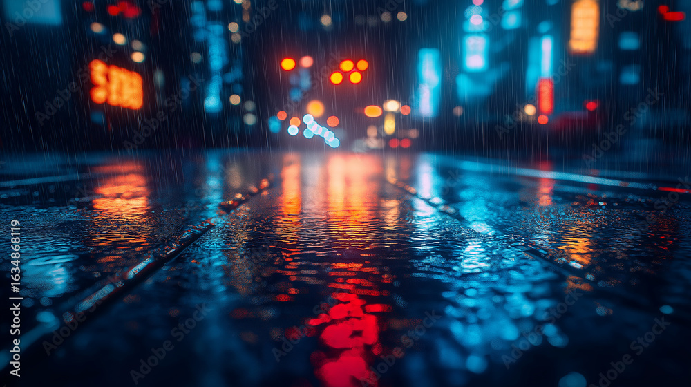 Fototapeta premium Vibrant city street glows with neon reflections on wet pavement during rain