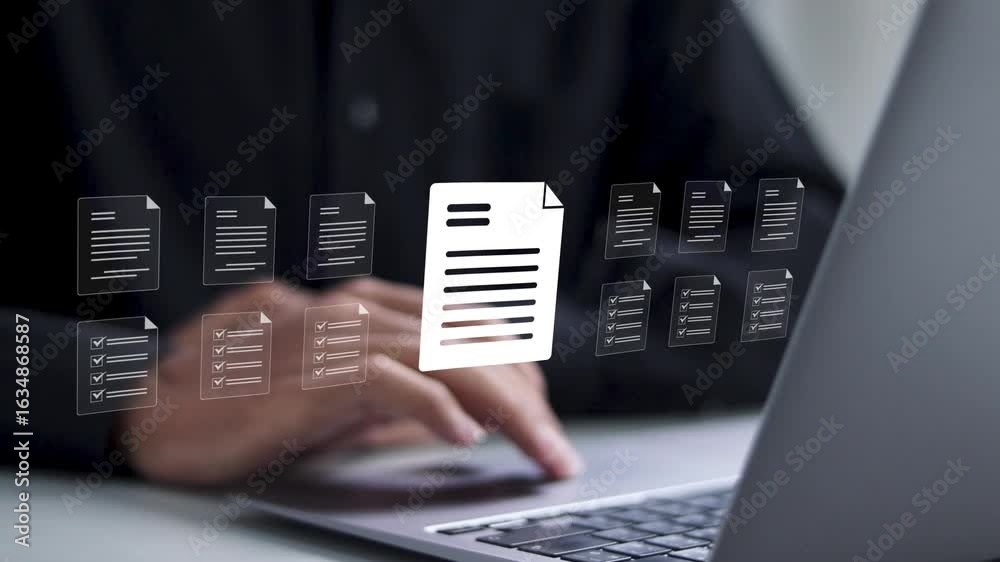 Document management concept. Businessman use laptop to paperless online approval for business process workflow illustrating management approval and project approve.
