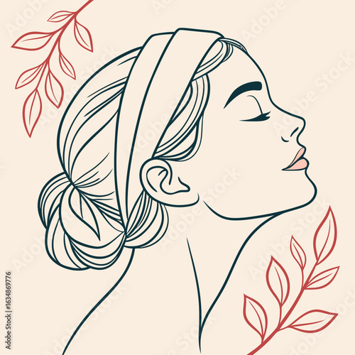 Elegant line art of a woman with a headband and floral accents in a minimalist style drawing design