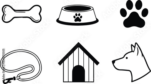  set of dog icons isolated on white background, including bone, bowl, paw print, leash, kennel and dog head for pet shop or veterinary