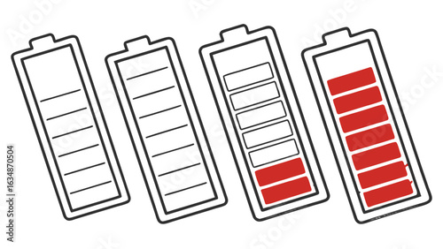 Four battery icons showing different levels of charge from empty to almost full in a row diagram