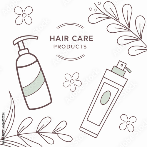 Illustration of hair care products with floral elements in a minimalist design style art