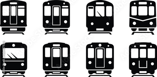  collection of train front view icons representing subway, metro, and urban transportation isolated on white background for graphic design purposes