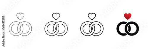 Interlocking rings, heart above, romantic symbol, minimalist love icon, wedding emblem, unity connection, vector line art