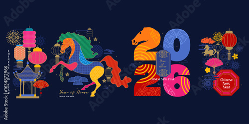 set of modern design for year of horse 2026, flat design concept