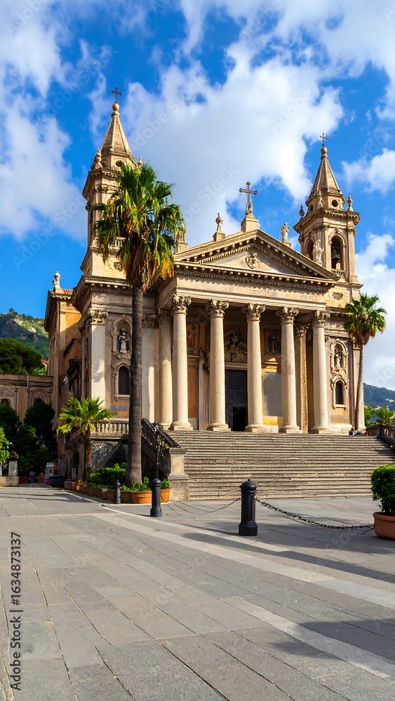 Fototapeta premium Ancient church facade, steps, palm trees