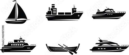  collection of various boats and ships, including sailboats, cargo ships, yachts, and rowboats isolated on white background