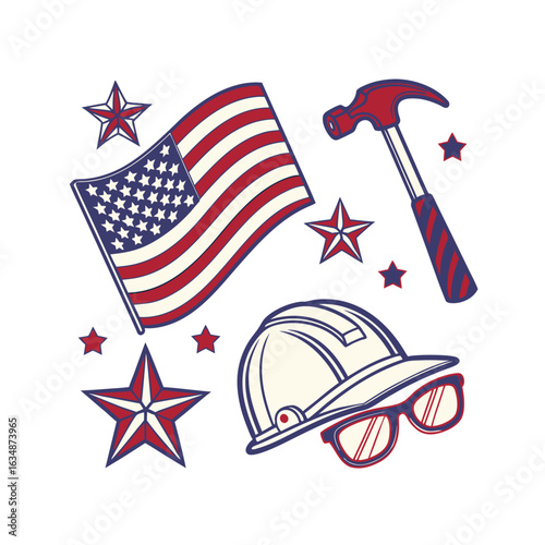 Labor Day Celebration with American Flag and Construction Tools
