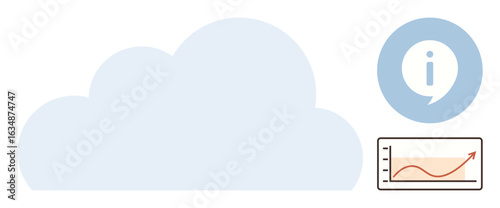 Cloud graphic beside circular info icon and upward trend chart. Ideal for technology, data analysis, cloud storage, business growth, online solutions, digital trends, innovation. Simple flat metaphor