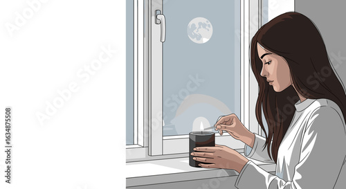 Woman stirring drink by moonlit window in minimalist illustration