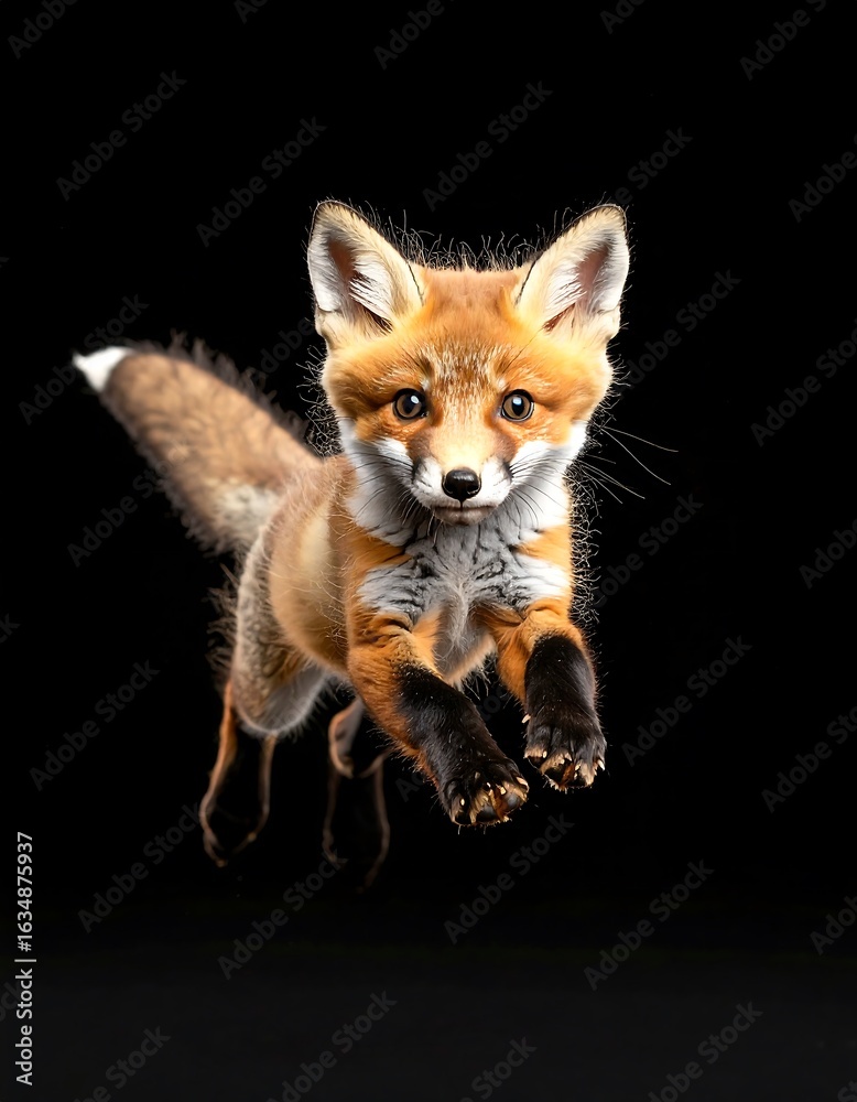 Fototapeta premium A young fox in mid-air, captured against a stark black background, showcasing its playful nature.