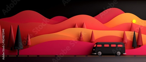 Colorful hills and a van