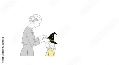 Woman placing witch hat on child in minimalist Halloween illustration