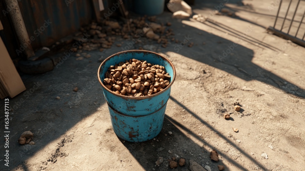 Fototapeta premium Bucket full of beans on concrete surface in bright sunlight