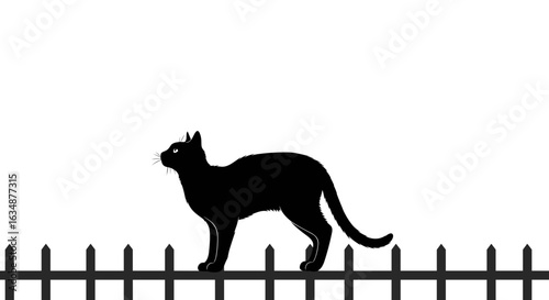 Black cat walking on fence in silhouette minimalist style